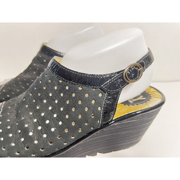 Fly London EUC Black Leather Yile Perforated Platform Wedge Sandal 8-8.5 US 39 - Picture 3 of 6